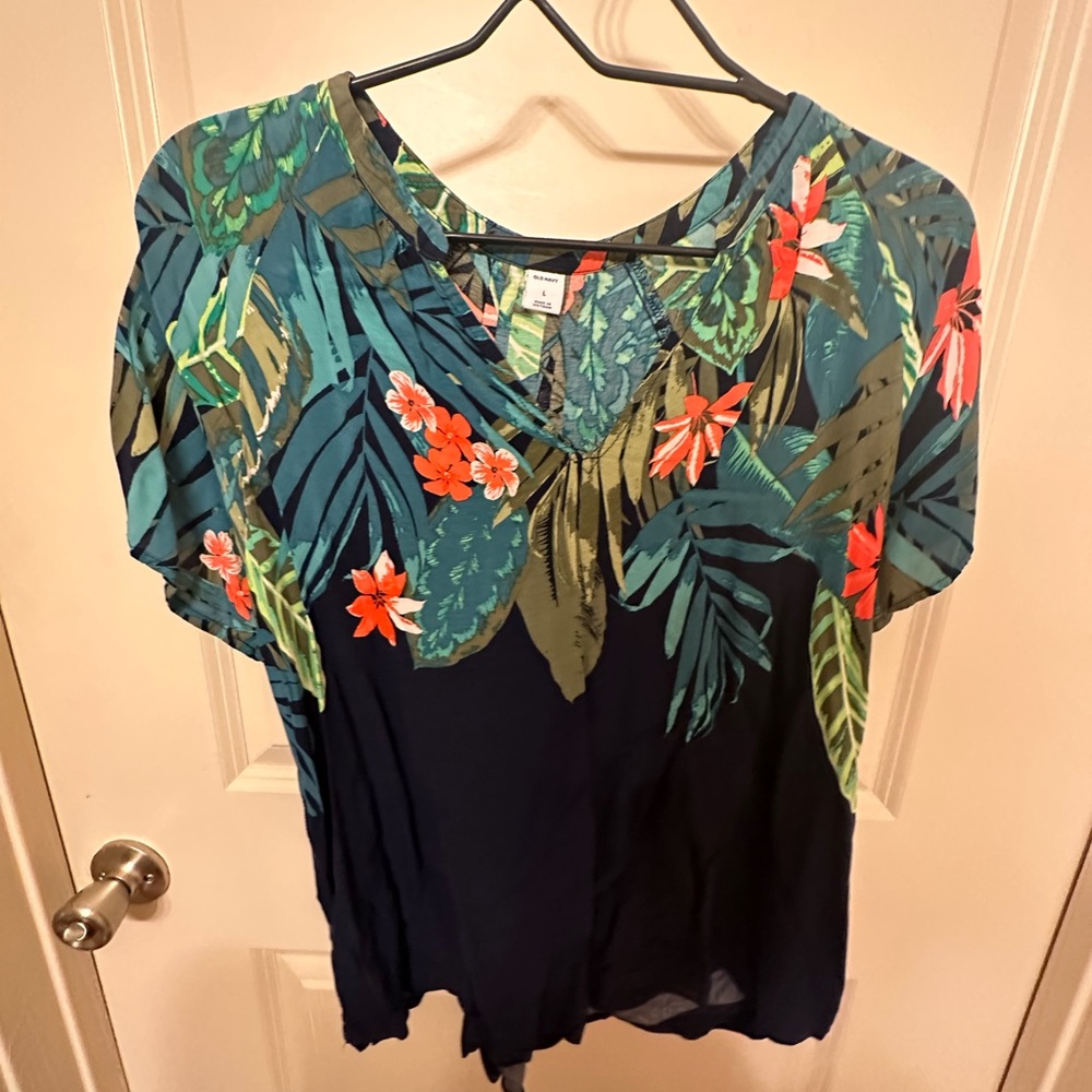 Navy blue with vibrant floral tropical print size Large